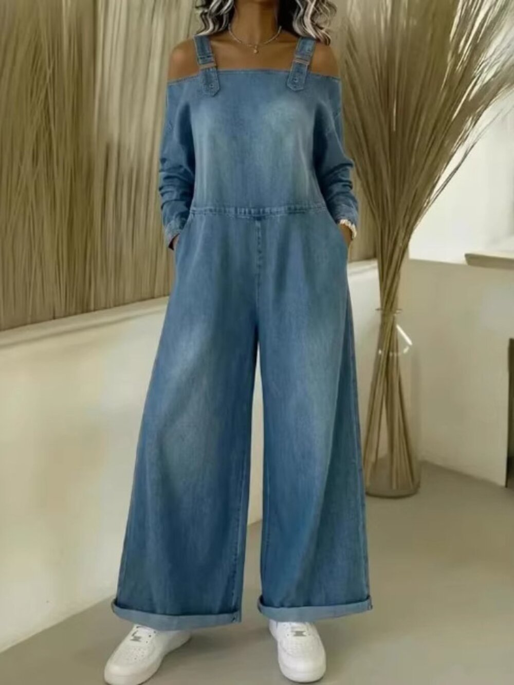 Women’s Denim Printed Long Sleeve Loose Jumpsuit Wide Leg Casual Romper
